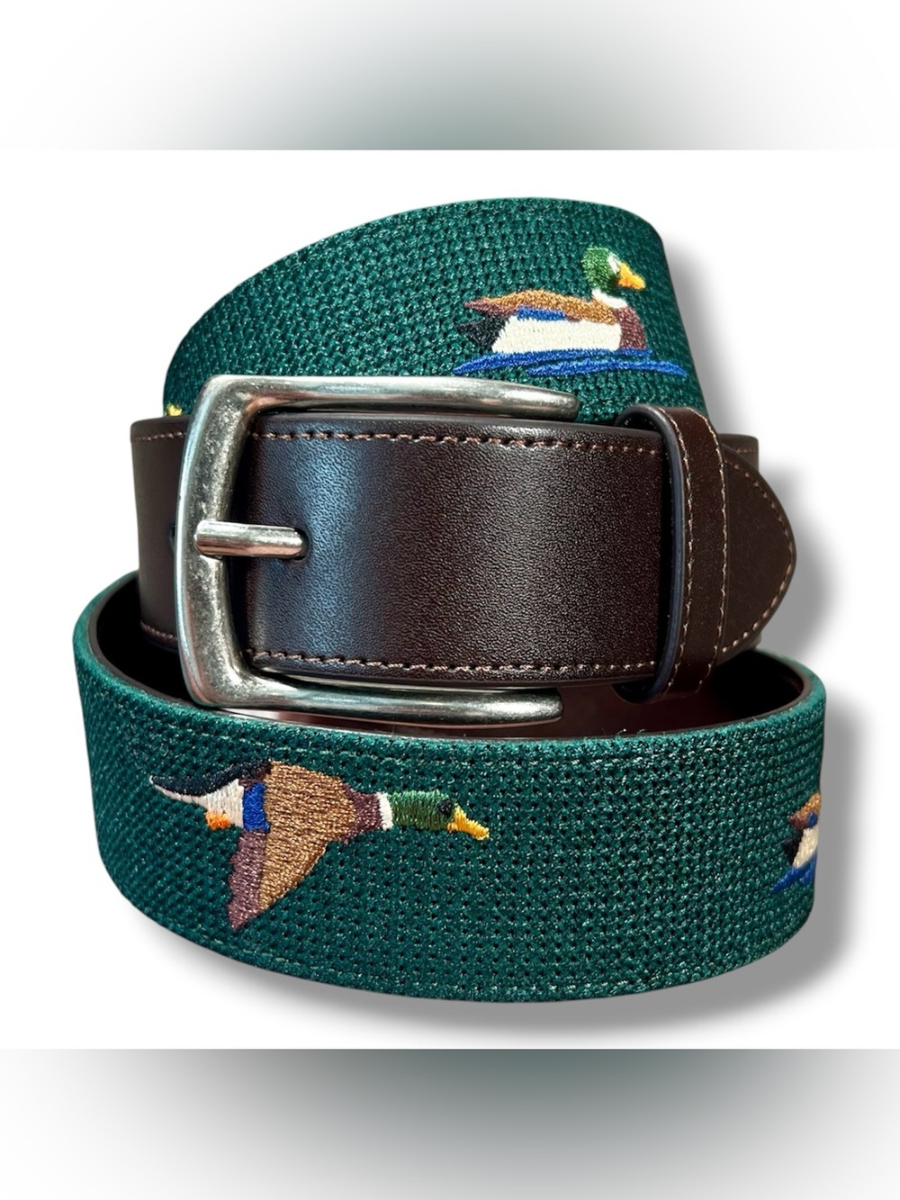 New Penguin Men's Needlepoint Brown Leather Belt Green Ducks Size 34 Golf Preppy